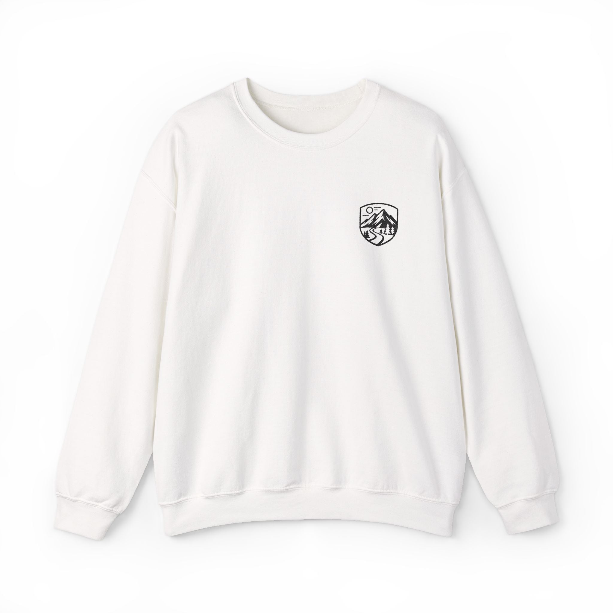 Crewneck Sweatshirt — Mountain Forest Crest Chest Logo, Outdoorsy Casual Pullover