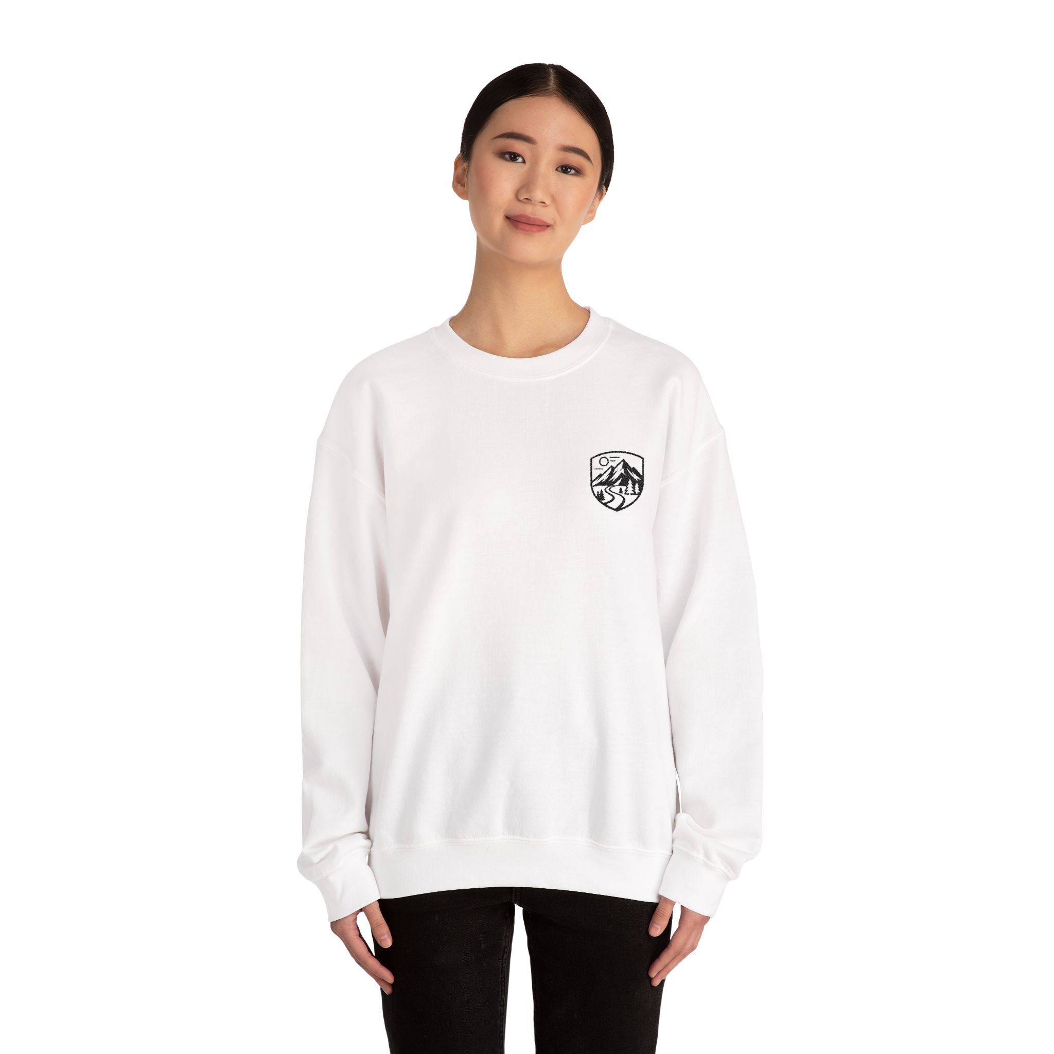 Crewneck Sweatshirt — Mountain Forest Crest Chest Logo, Outdoorsy Casual Pullover