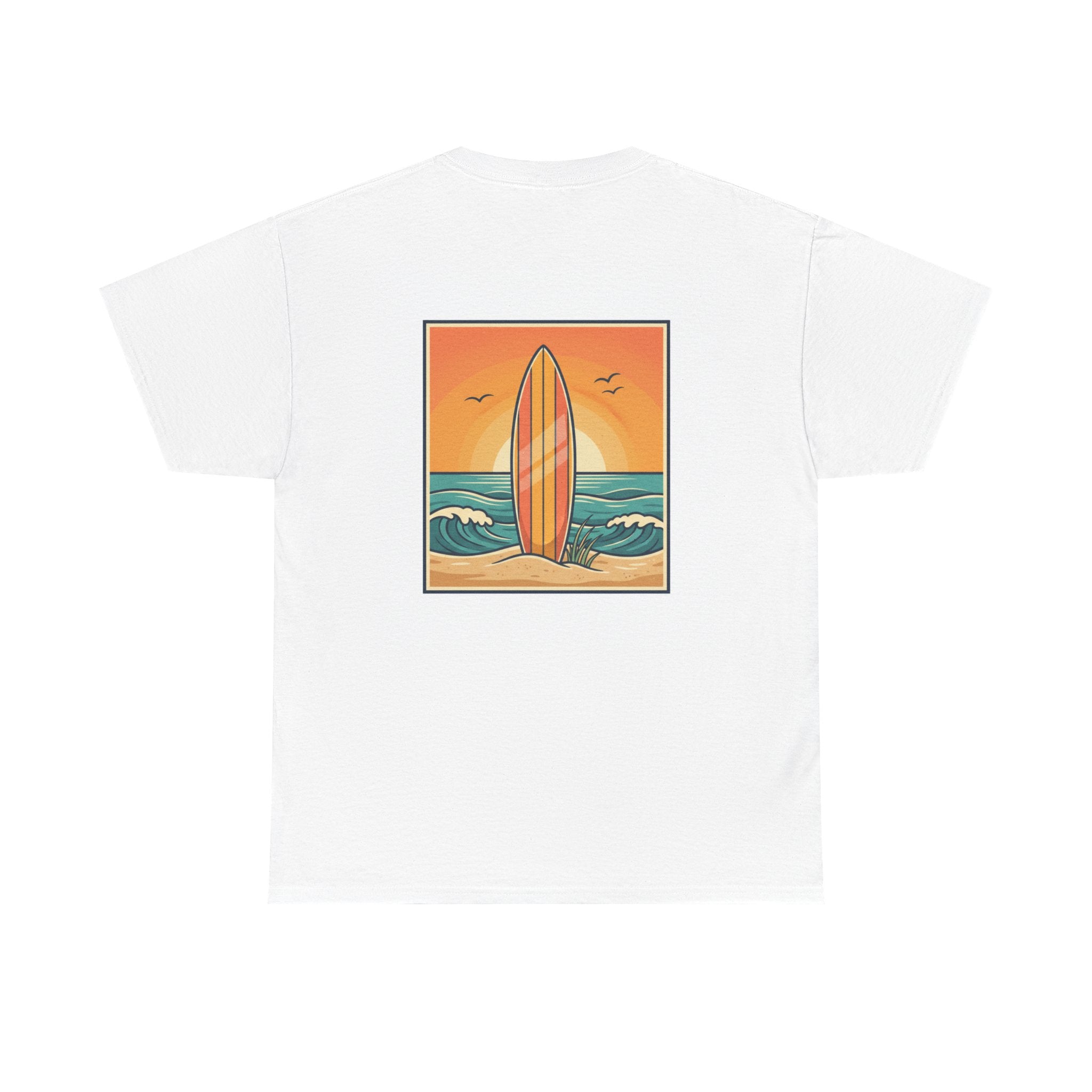Surfboard Sunset T-Shirt — Retro Beach Graphic Tee