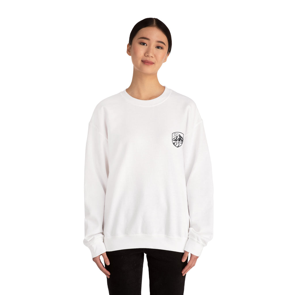 Alien Hiker Crewneck Sweatshirt — Cute Green Alien on Mountain Graphic