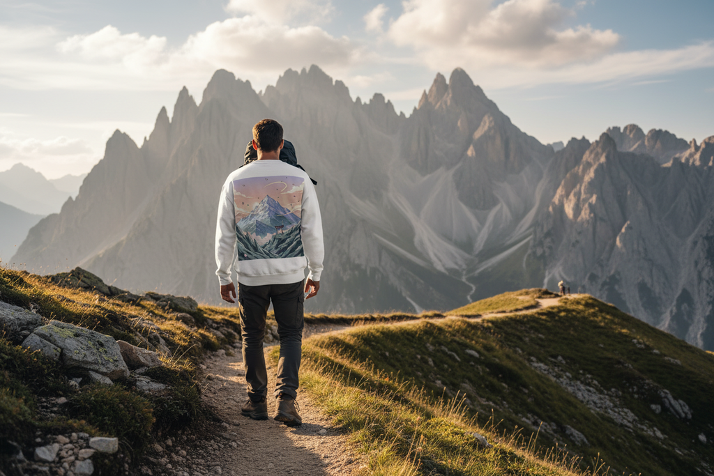 Alien Hiker Crewneck Sweatshirt — Cute Green Alien on Mountain Graphic