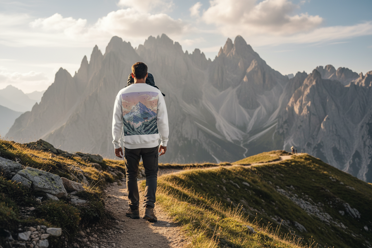 Alien Hiker Crewneck Sweatshirt — Cute Green Alien on Mountain Graphic